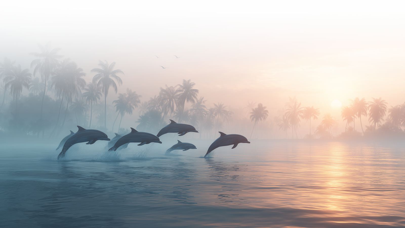 Dolphins leaping through calm water at a misty sunrise, with palm trees behind