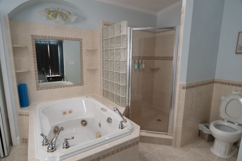 Master bathroom with a jetted tub, glass-block walk-in shower and toilet